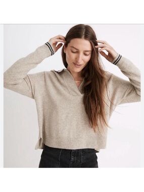 Madewell Tipped Davie Polo Sweater Heather Wheat Tan Small